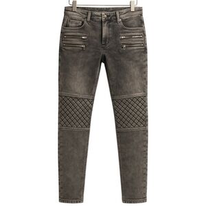 ZARA Moto Skinny Jeans Quilted Knees Zippers Black Acid Wash Denim Sz 6 Y2K Edgy